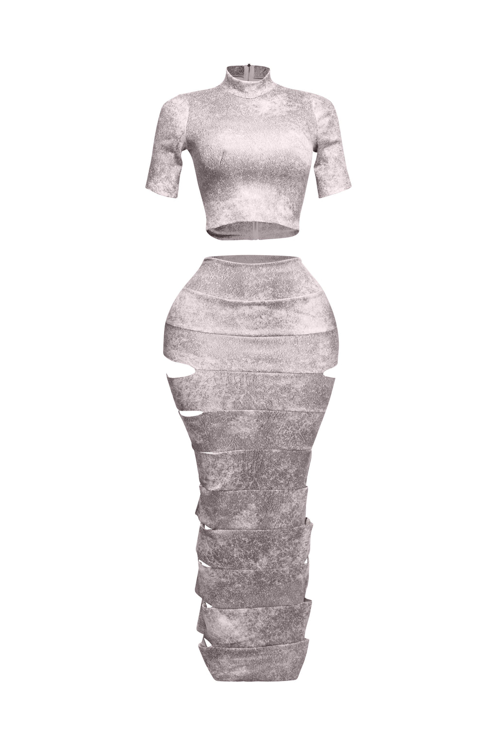 Pink laser cut crop top and maxi skirt set, back view on model