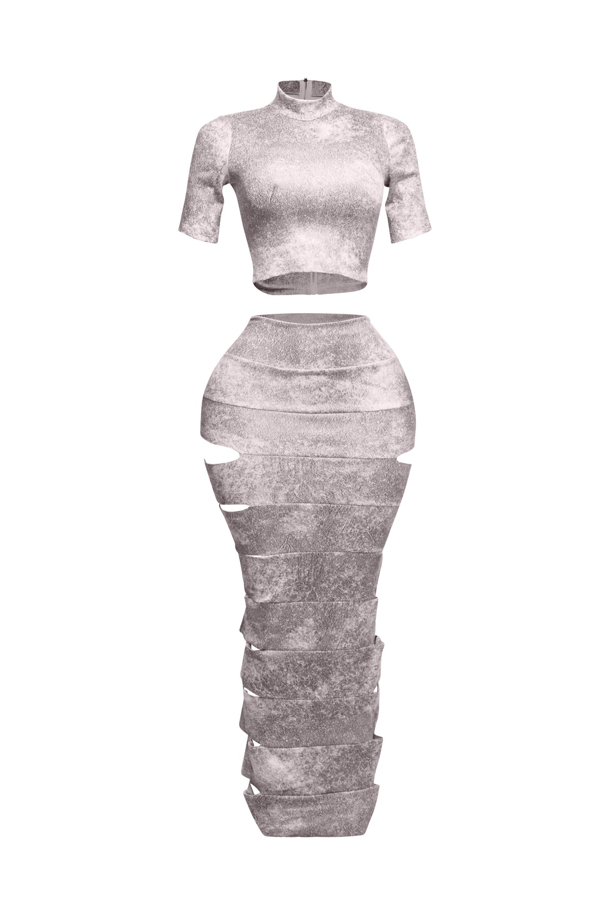 Pink laser cut crop top and maxi skirt set, back view on model