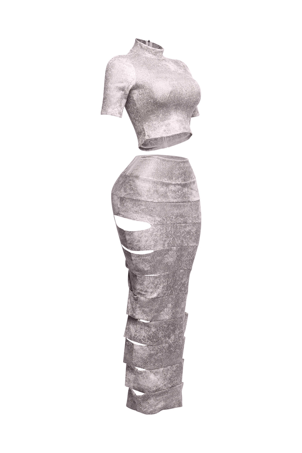 Pink laser cut crop top and maxi skirt set, front view on model