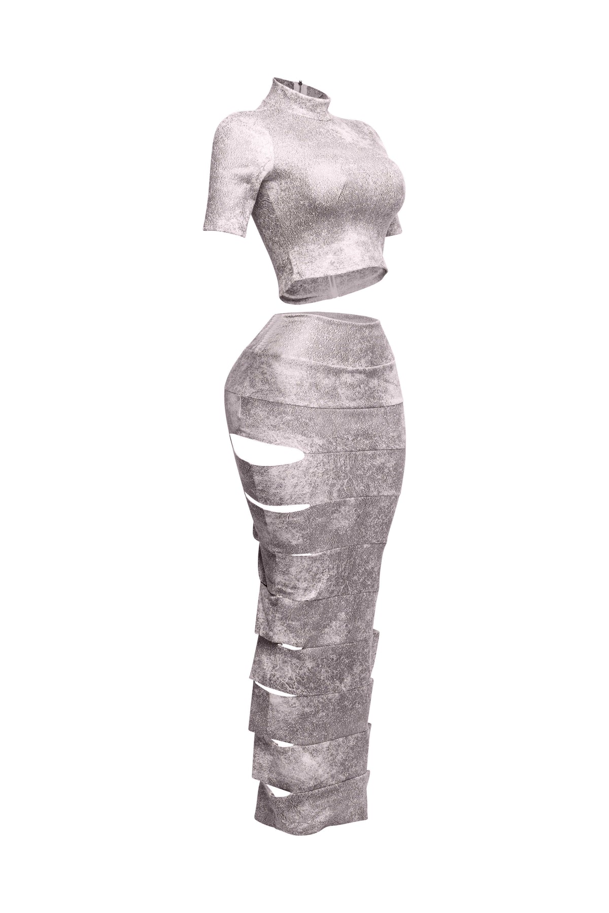 Pink laser cut crop top and maxi skirt set, front view on model