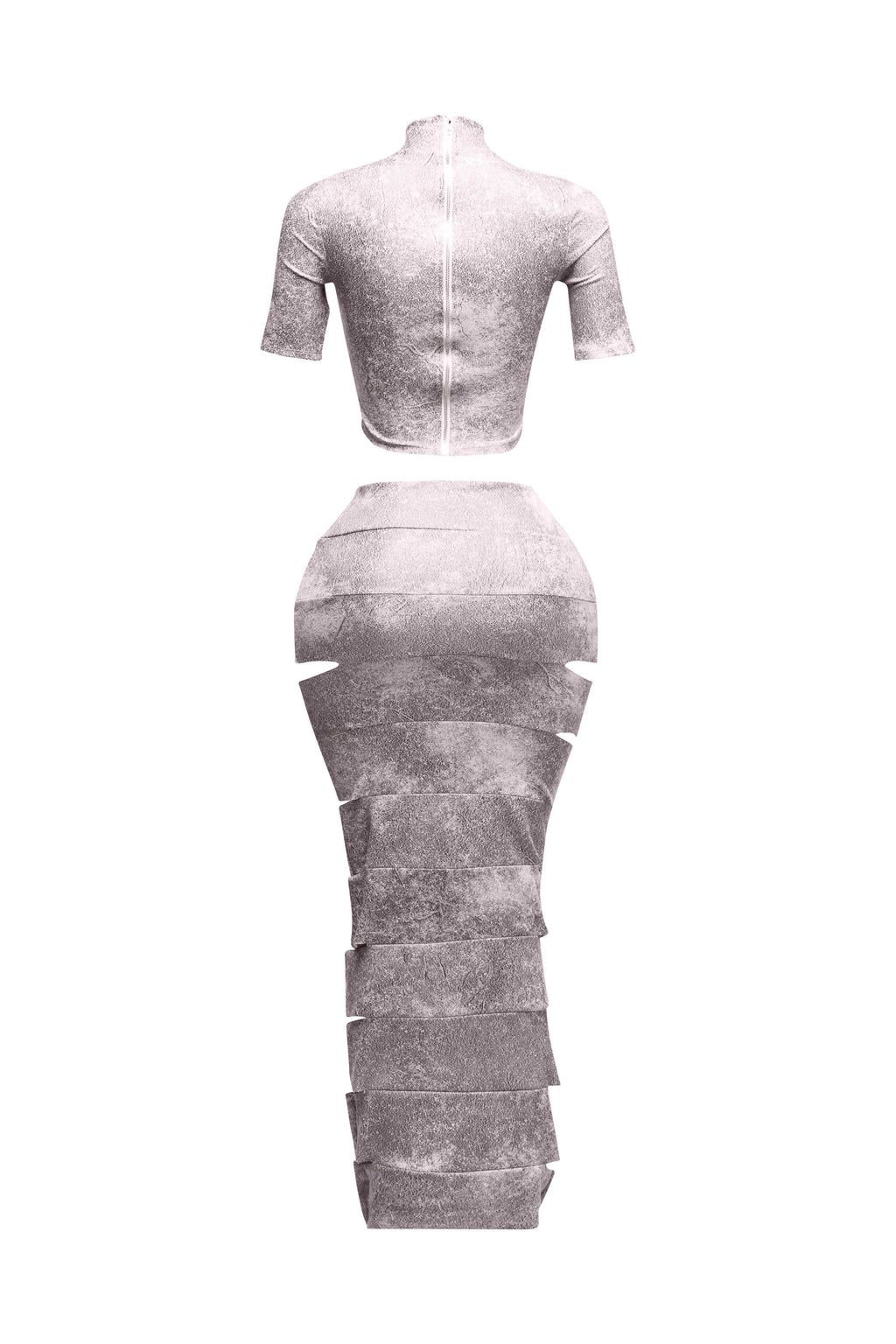 Pink laser cut crop top and maxi skirt set, styled look on model