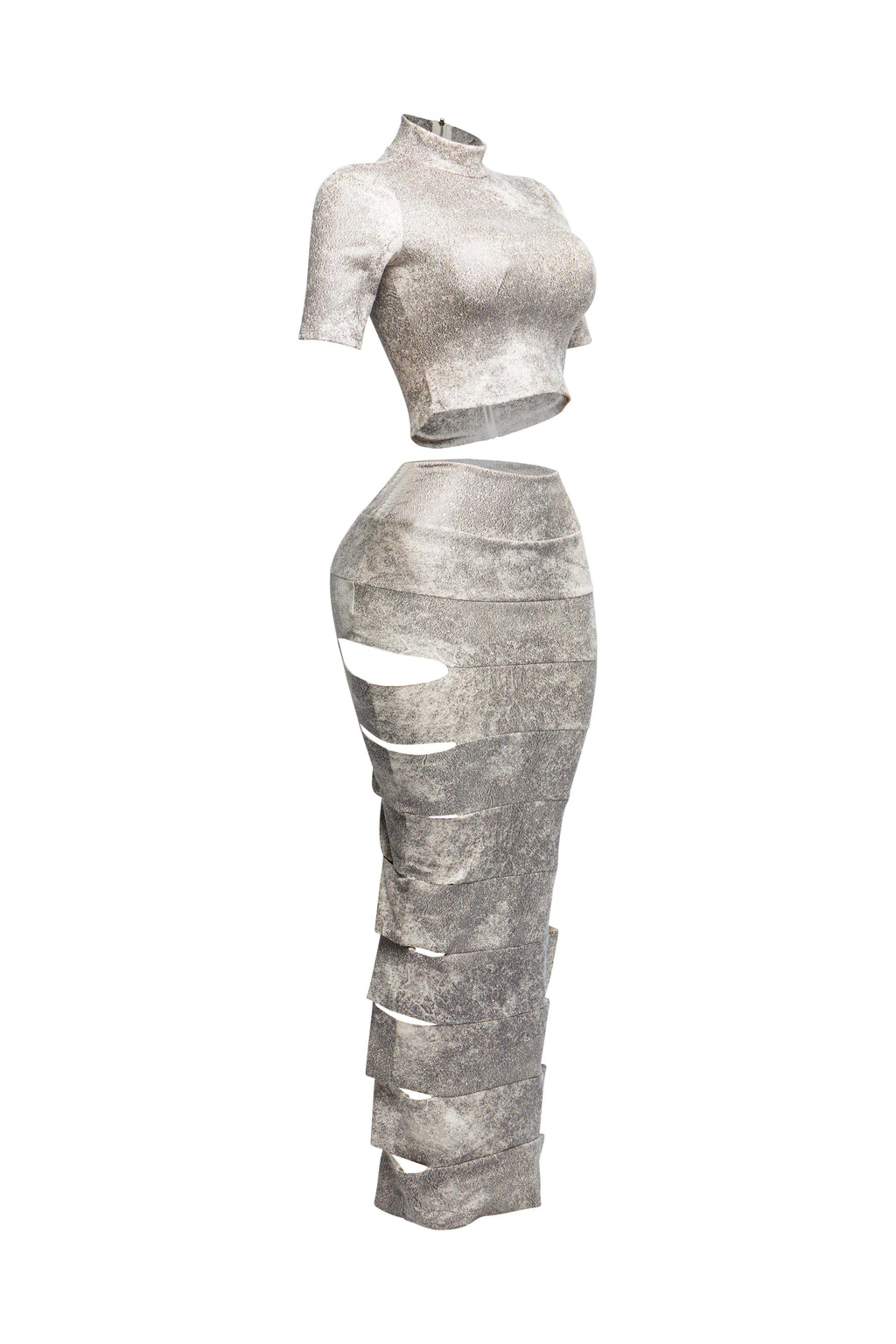 White laser cut crop top and maxi skirt set, alternate front view on model