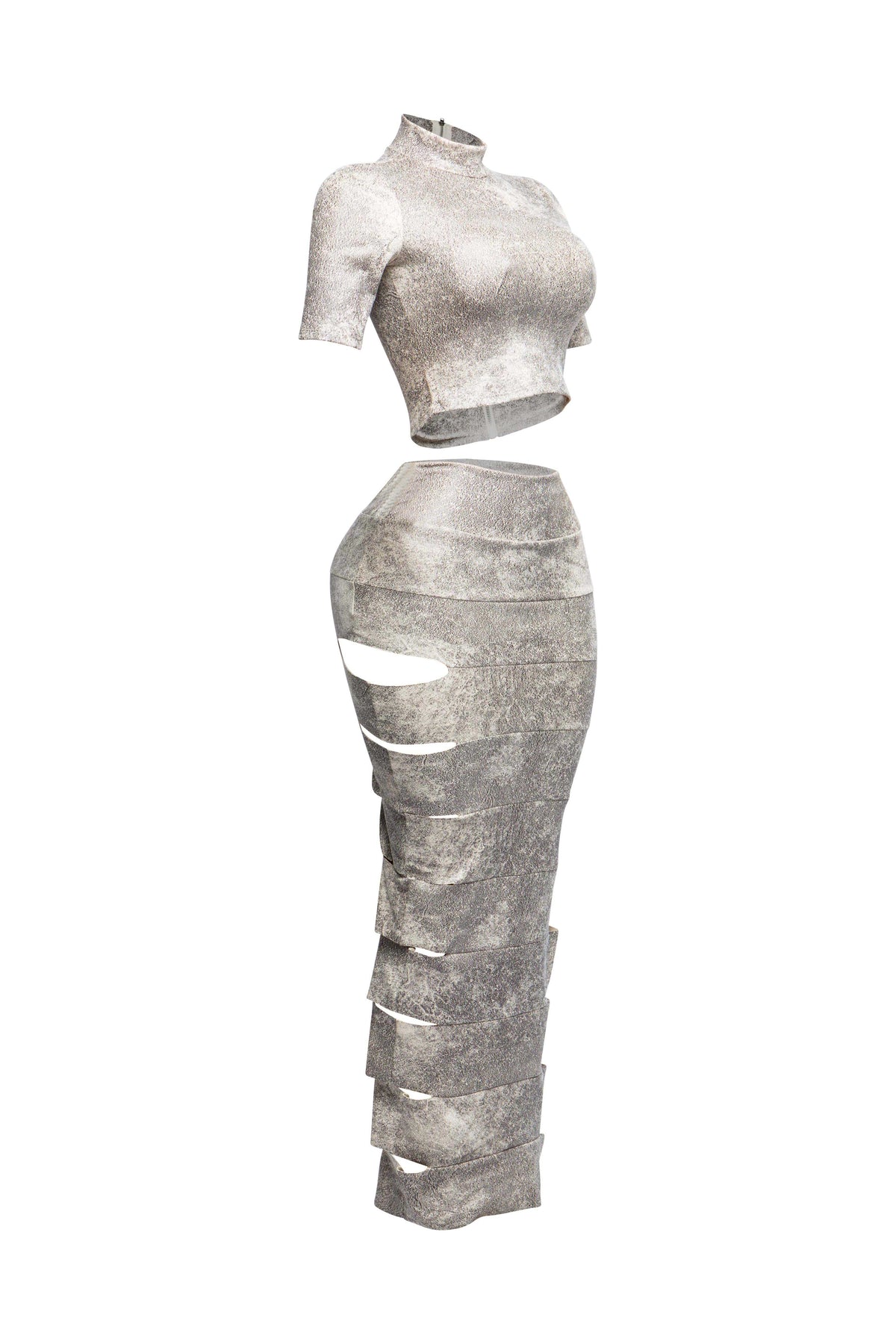 White laser cut crop top and maxi skirt set, alternate front view on model