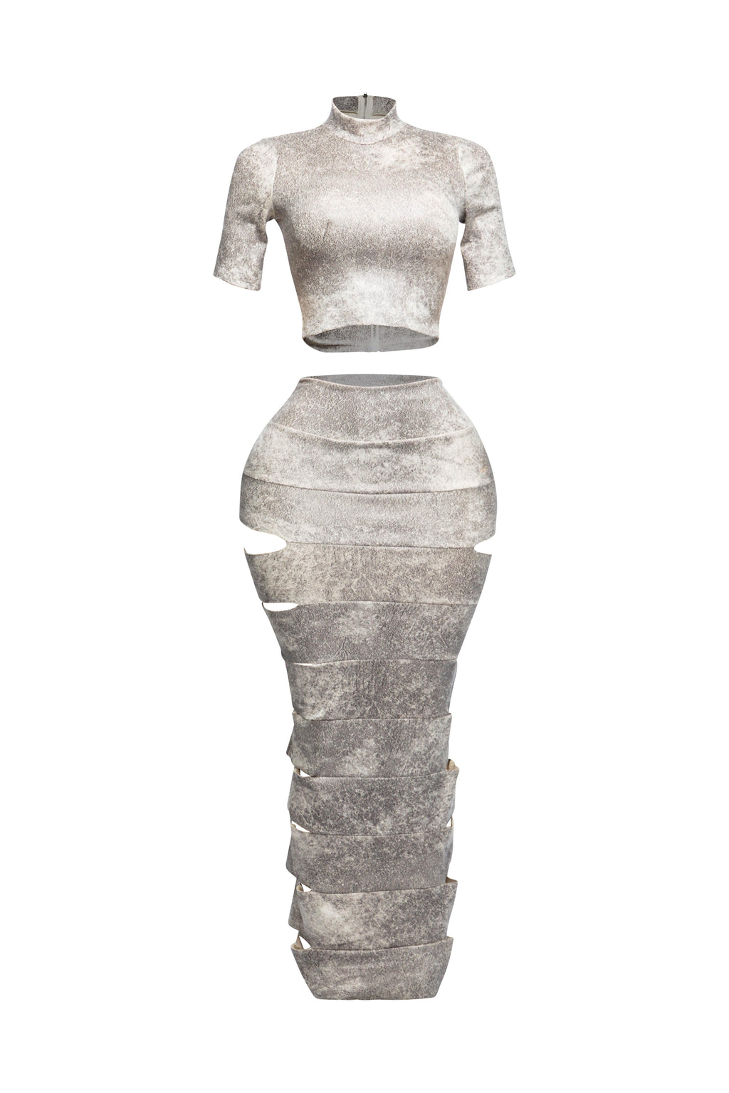 White laser cut crop top and maxi skirt set, styled look on model