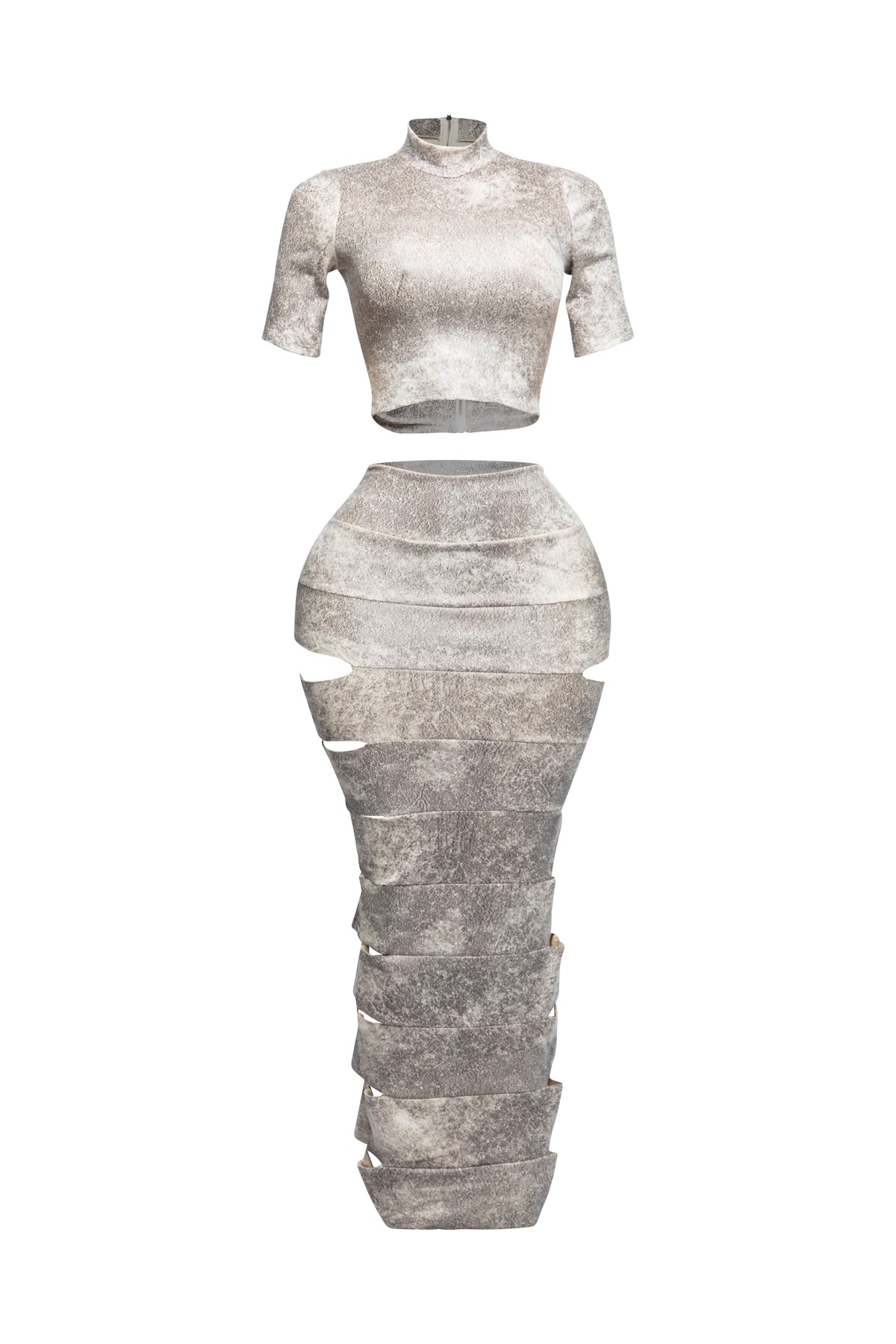 White laser cut crop top and maxi skirt set, styled look on model