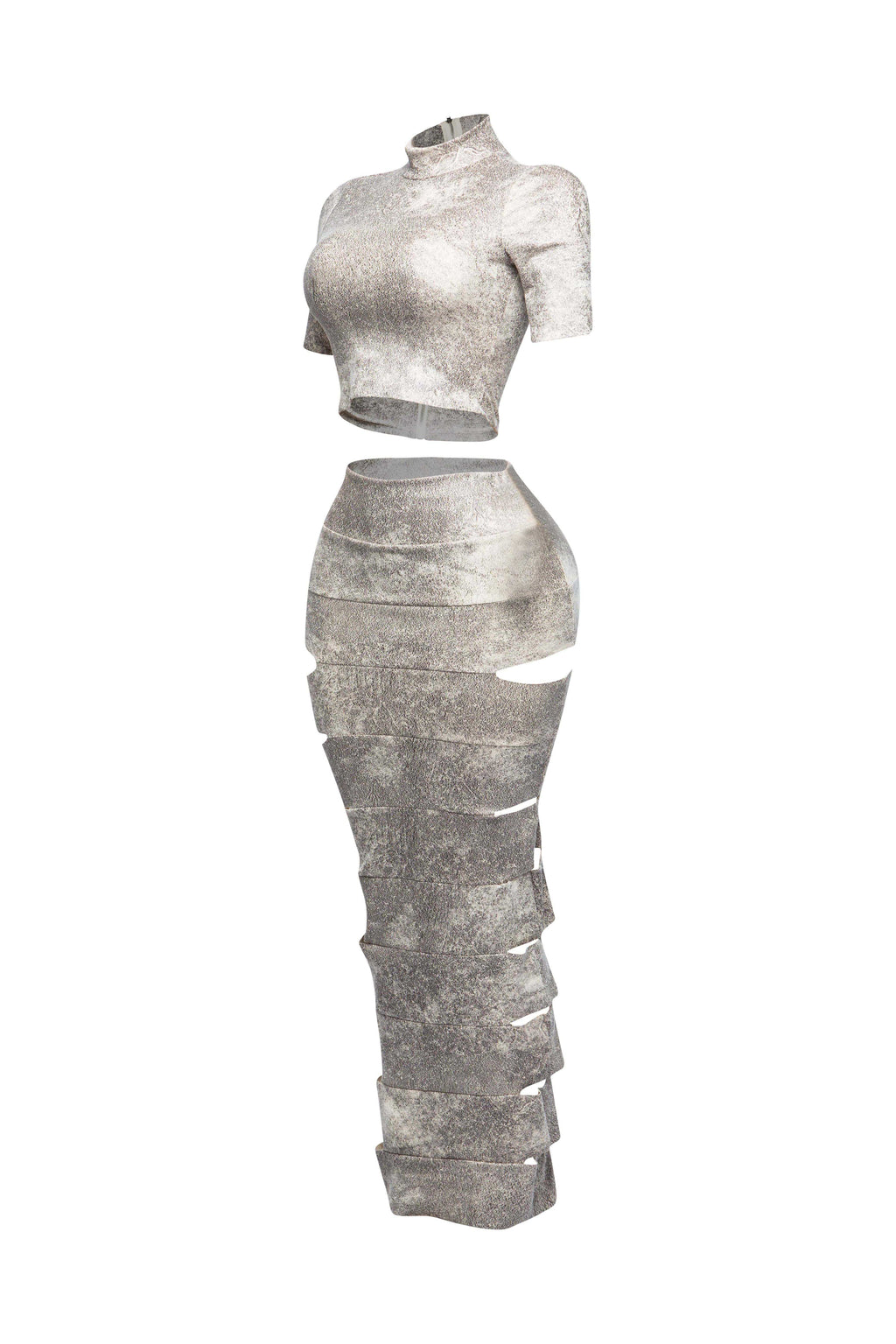 White laser cut crop top and maxi skirt set, detail view on model