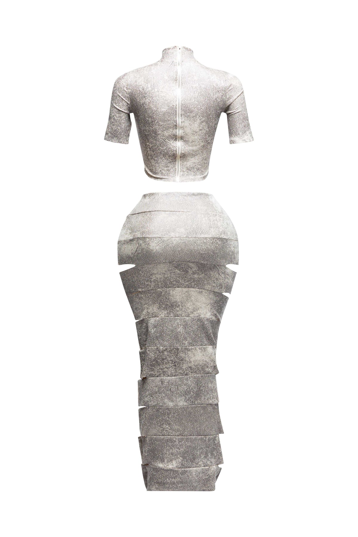 White laser cut crop top and maxi skirt set, front view on model
