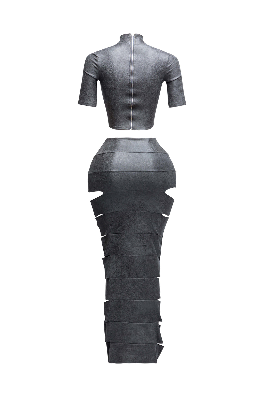 Grey laser cut crop top and maxi skirt set, back view on model