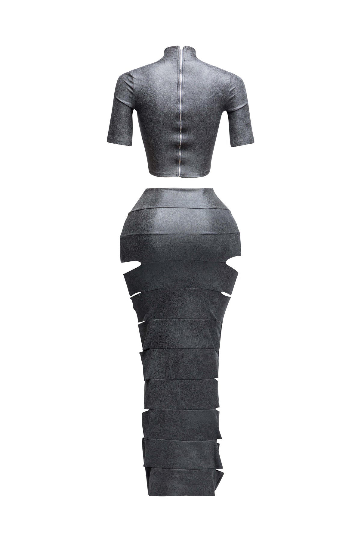 Grey laser cut crop top and maxi skirt set, back view on model