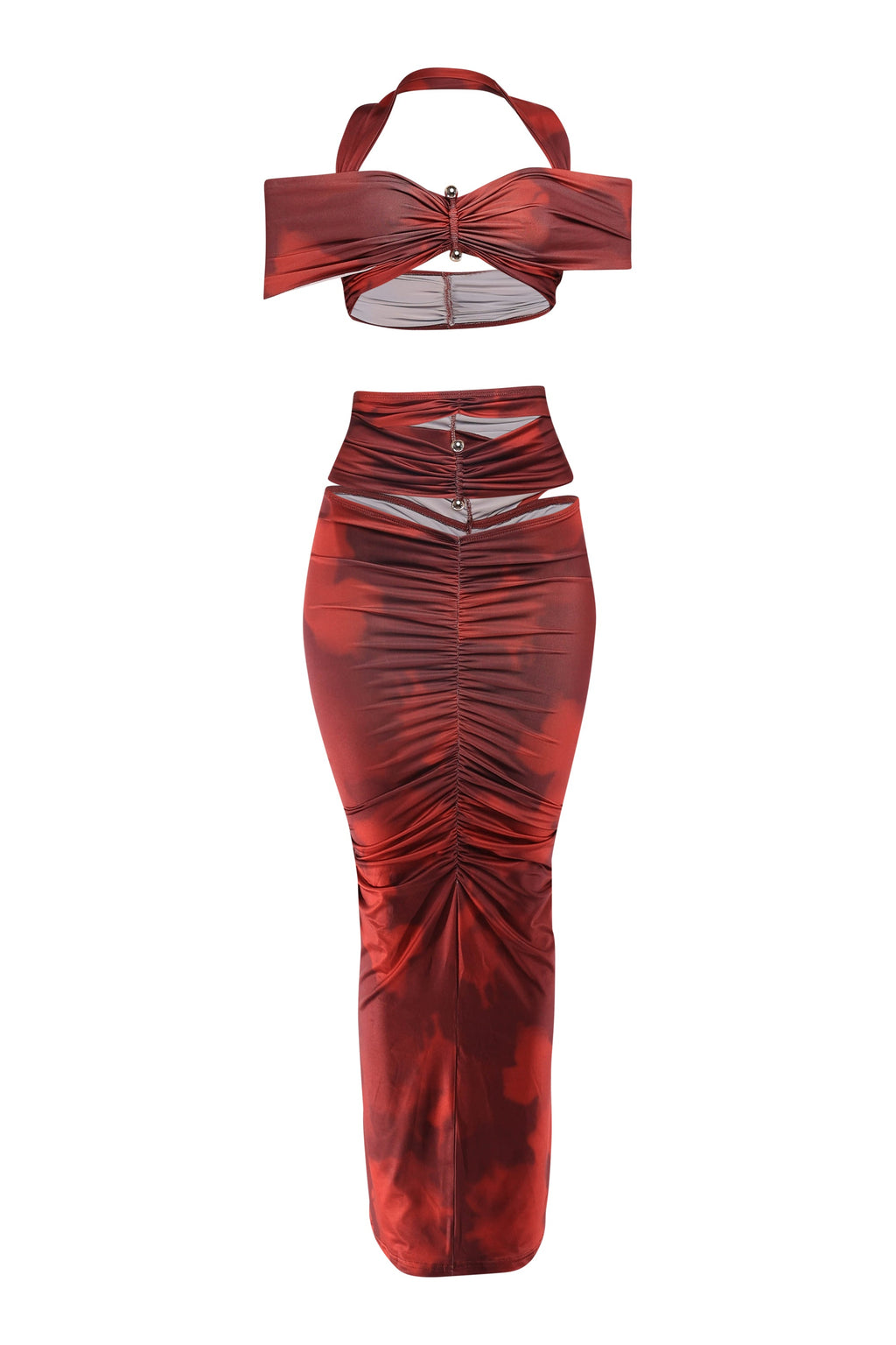 Wine combo cutout off shoulder top and maxi skirt set, angled view on model