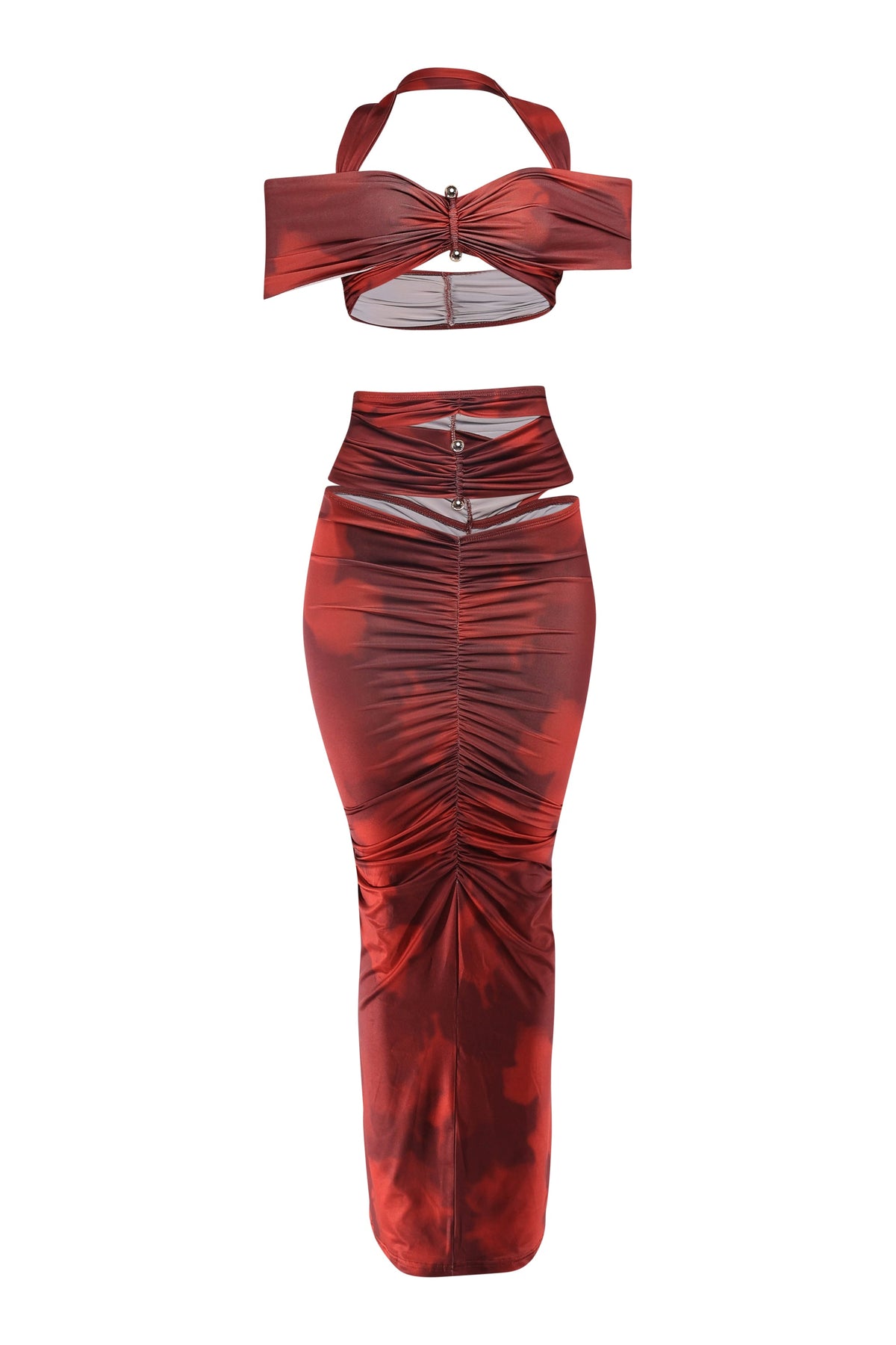 Wine combo cutout off shoulder top and maxi skirt set, angled view on model