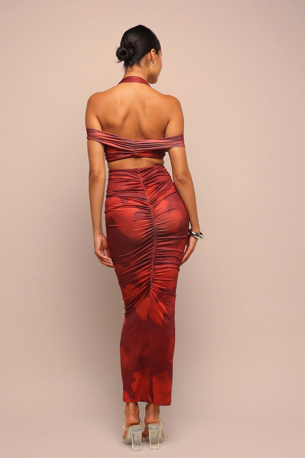 Wine combo cutout off shoulder top and maxi skirt set, full-length view on model