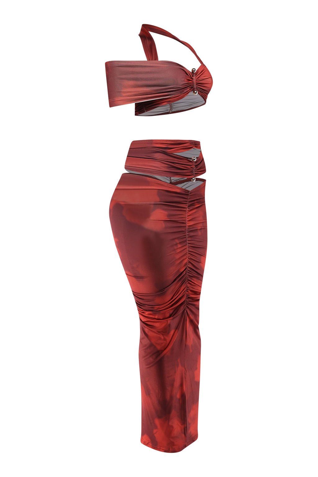 Wine combo cutout off shoulder top and maxi skirt set, alternate back view on model