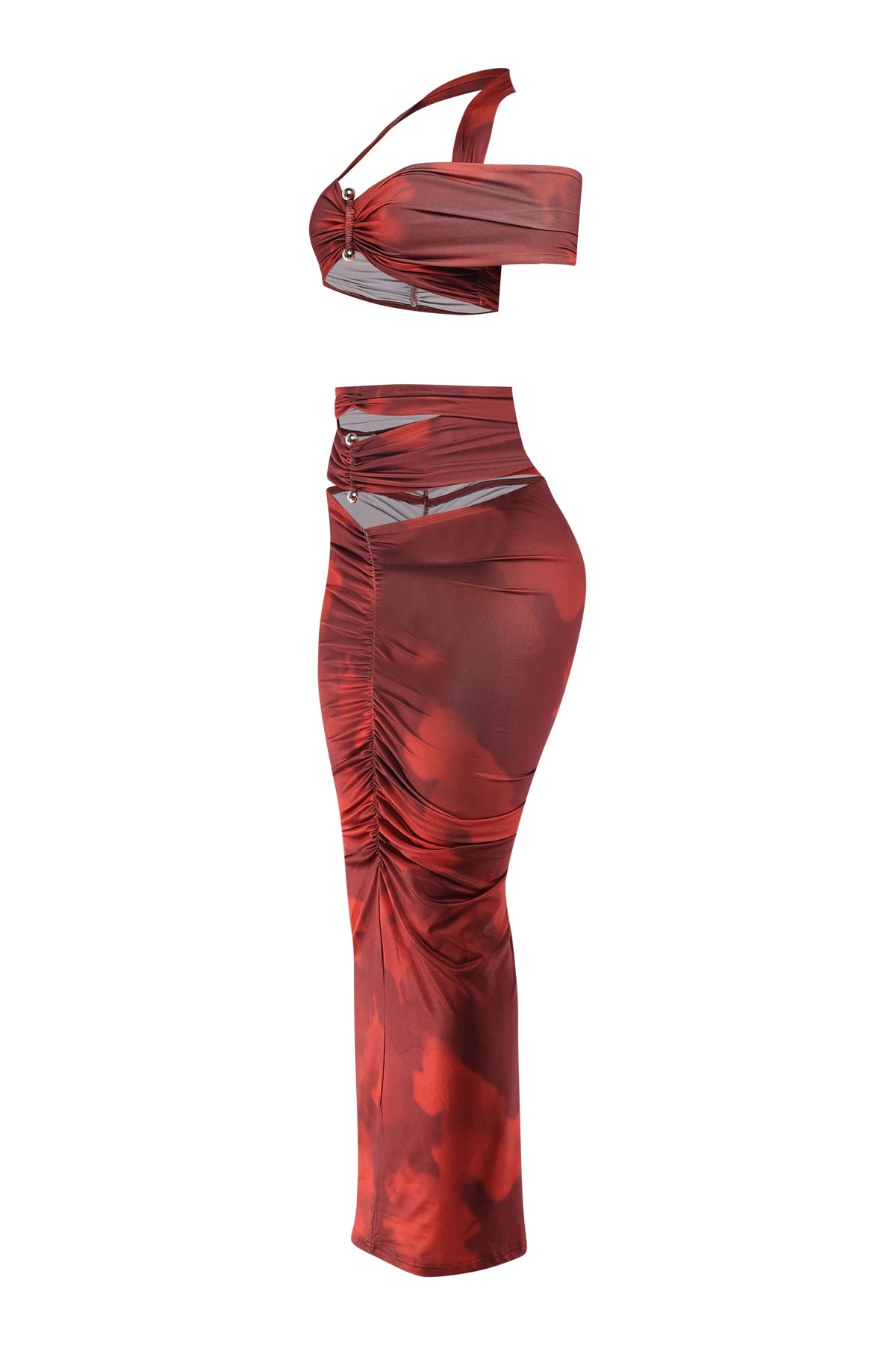 Wine combo cutout off shoulder top and maxi skirt set, front view on model