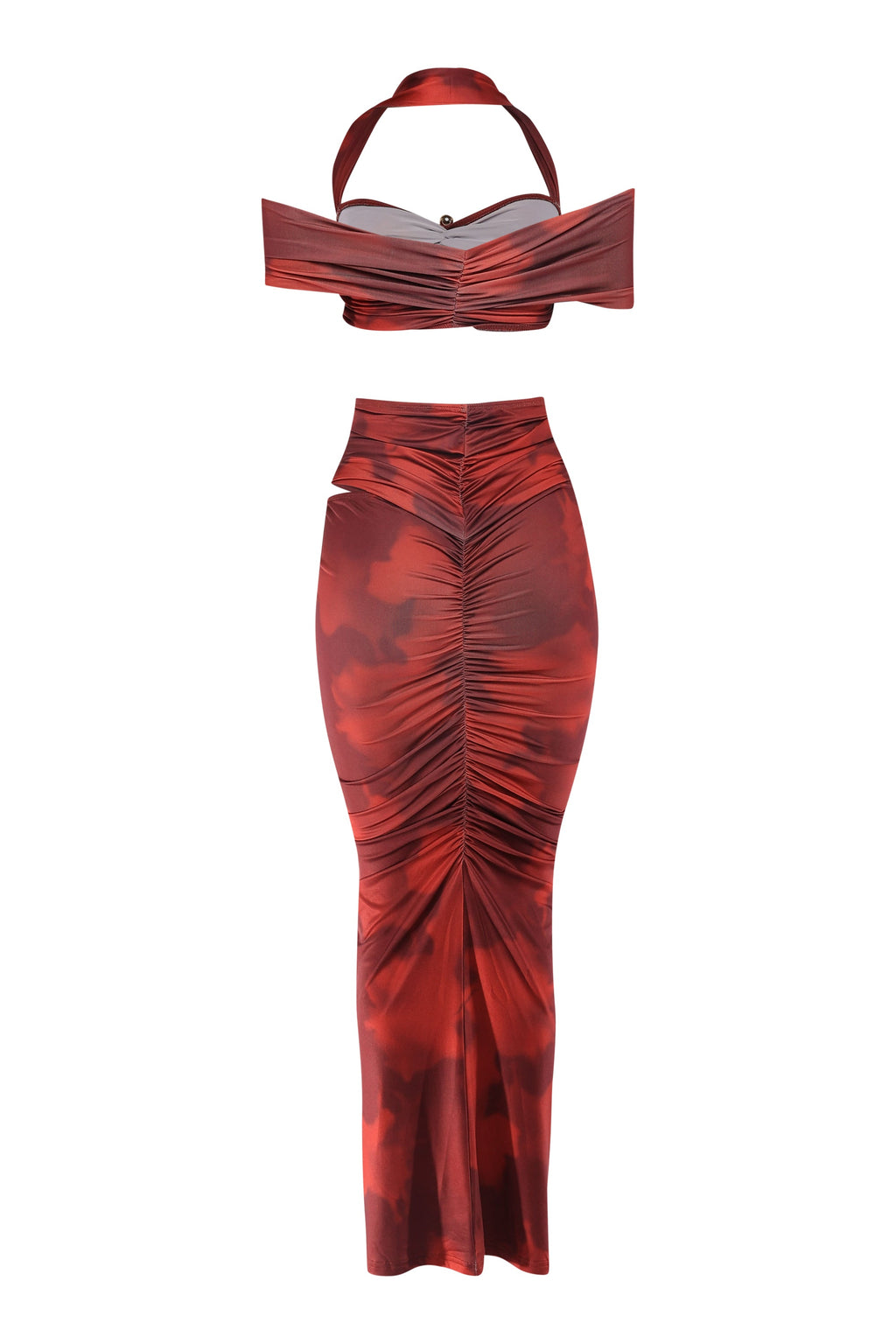Wine combo cutout off shoulder top and maxi skirt set, styled look on model