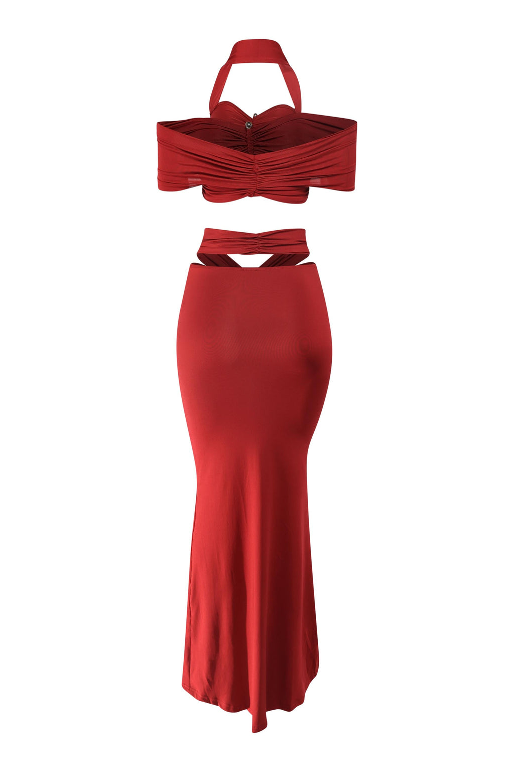 Wine off shoulder maxi skirt set, alternate front view on model
