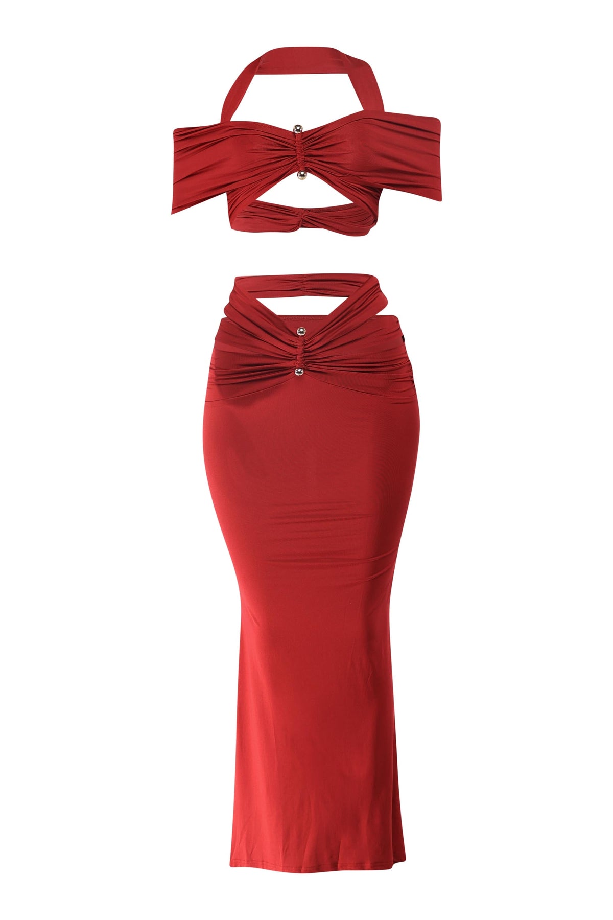 Off Shoulder Maxi Skirt Set in Wine – Detail view