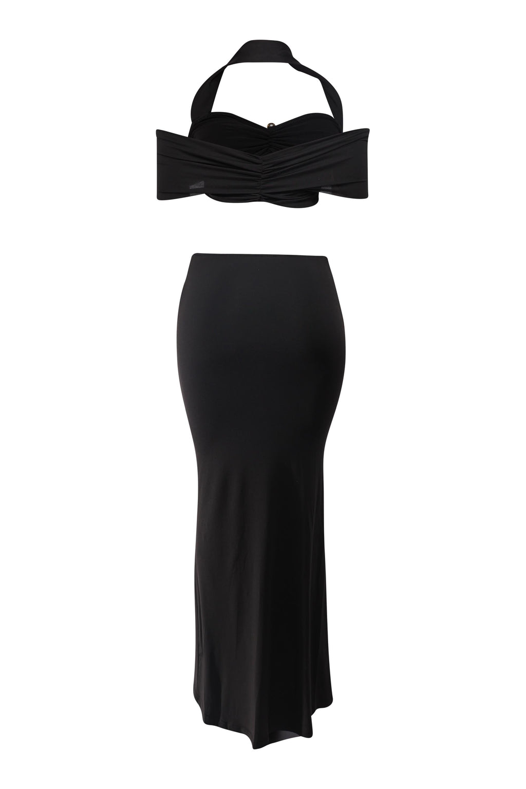 Black off shoulder maxi skirt set, styled look on model