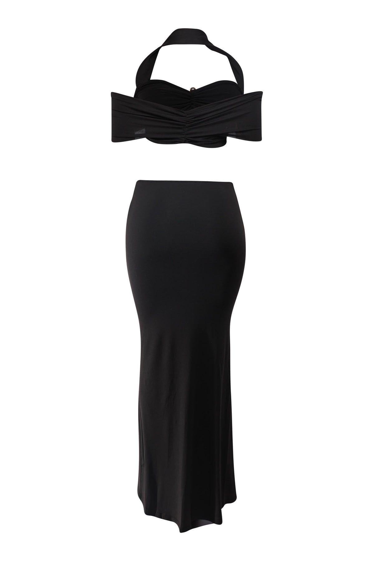Black off shoulder maxi skirt set, styled look on model