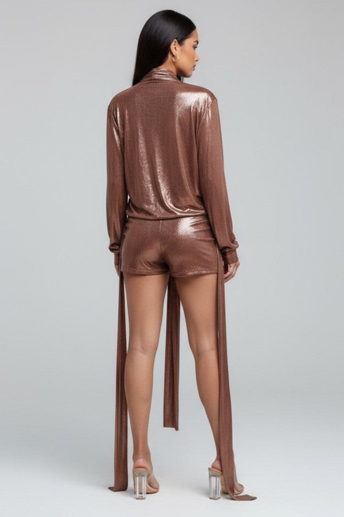 Metallic Drape Tied Neck Top & Mini Skirt Set in Bronze – Detail view