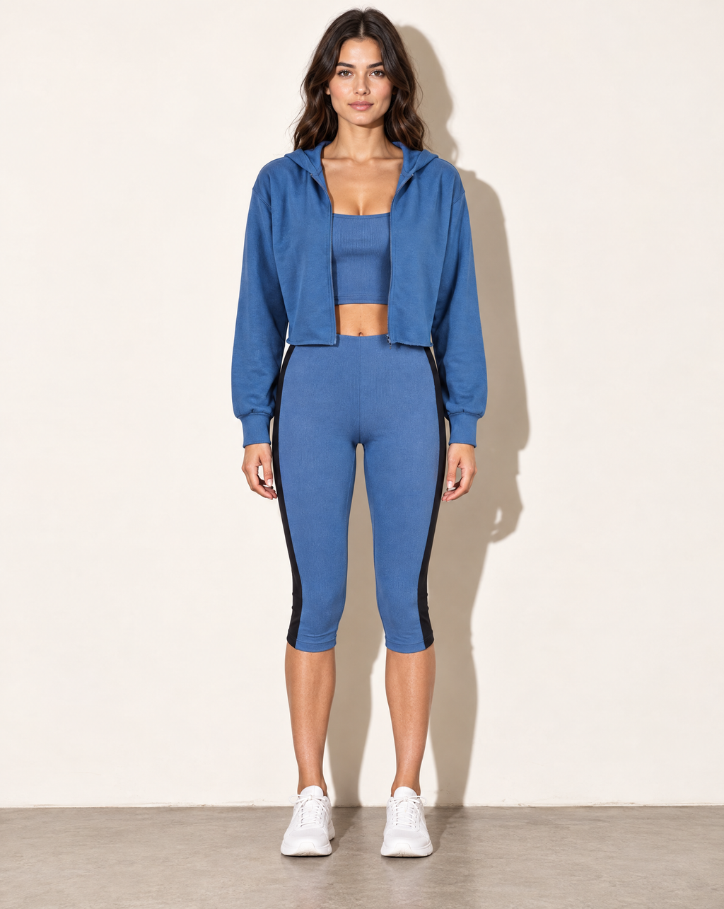 Muvin women's denim blue tank top, hoodie and capri leggings 3 pieces set, front view on model