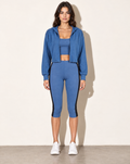 Muvin women's denim blue tank top, hoodie and capri leggings 3 pieces set, front view on model