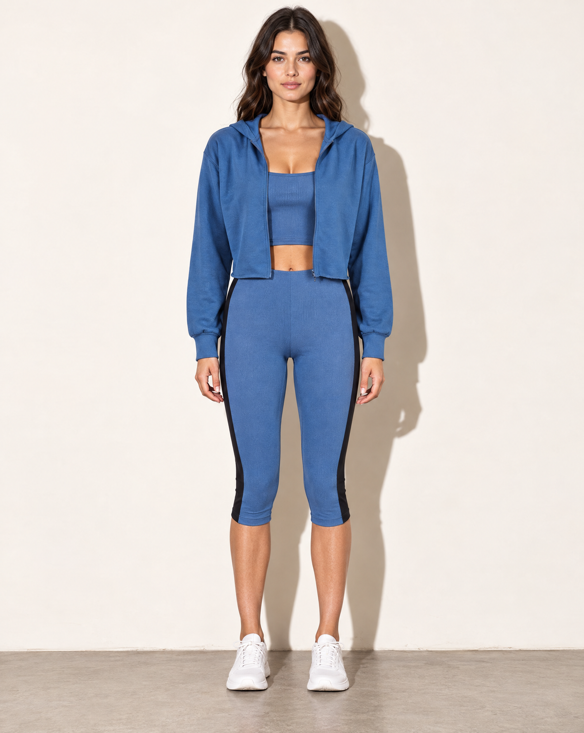 Muvin women's denim blue tank top, hoodie and capri leggings 3 pieces set, front view on model