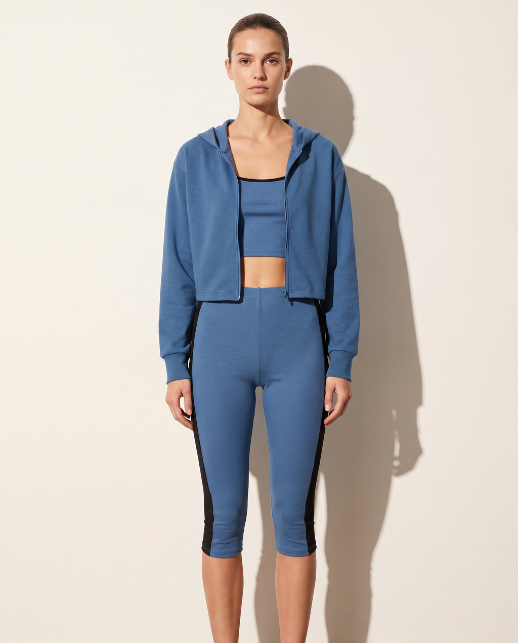 Denim blue tank top, hoodie and capri leggings 3 pieces set, front view on model