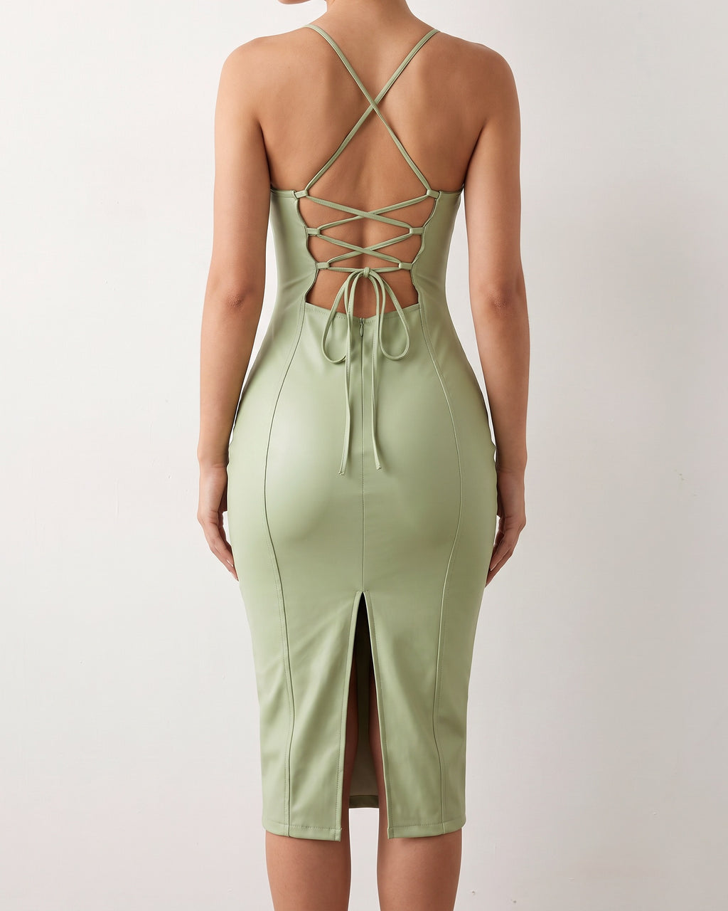 Sage matte PU open back strap detailed midi dress, back view on model