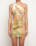 Olive combo tie dye velvet cutout dress, front view on model