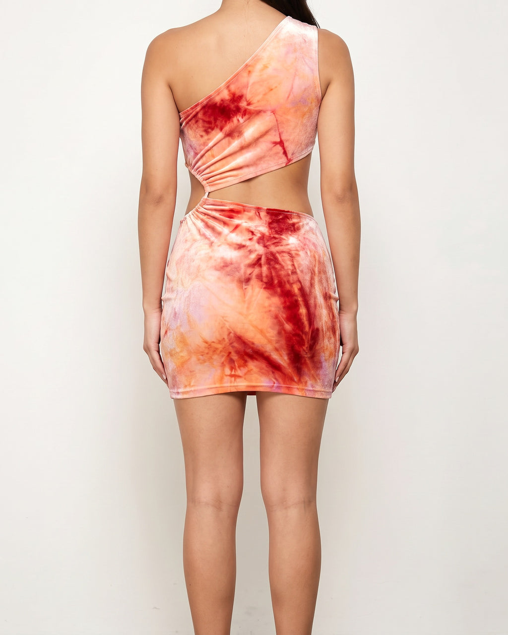 Orange combo tie dye velvet cutout dress, back view on model