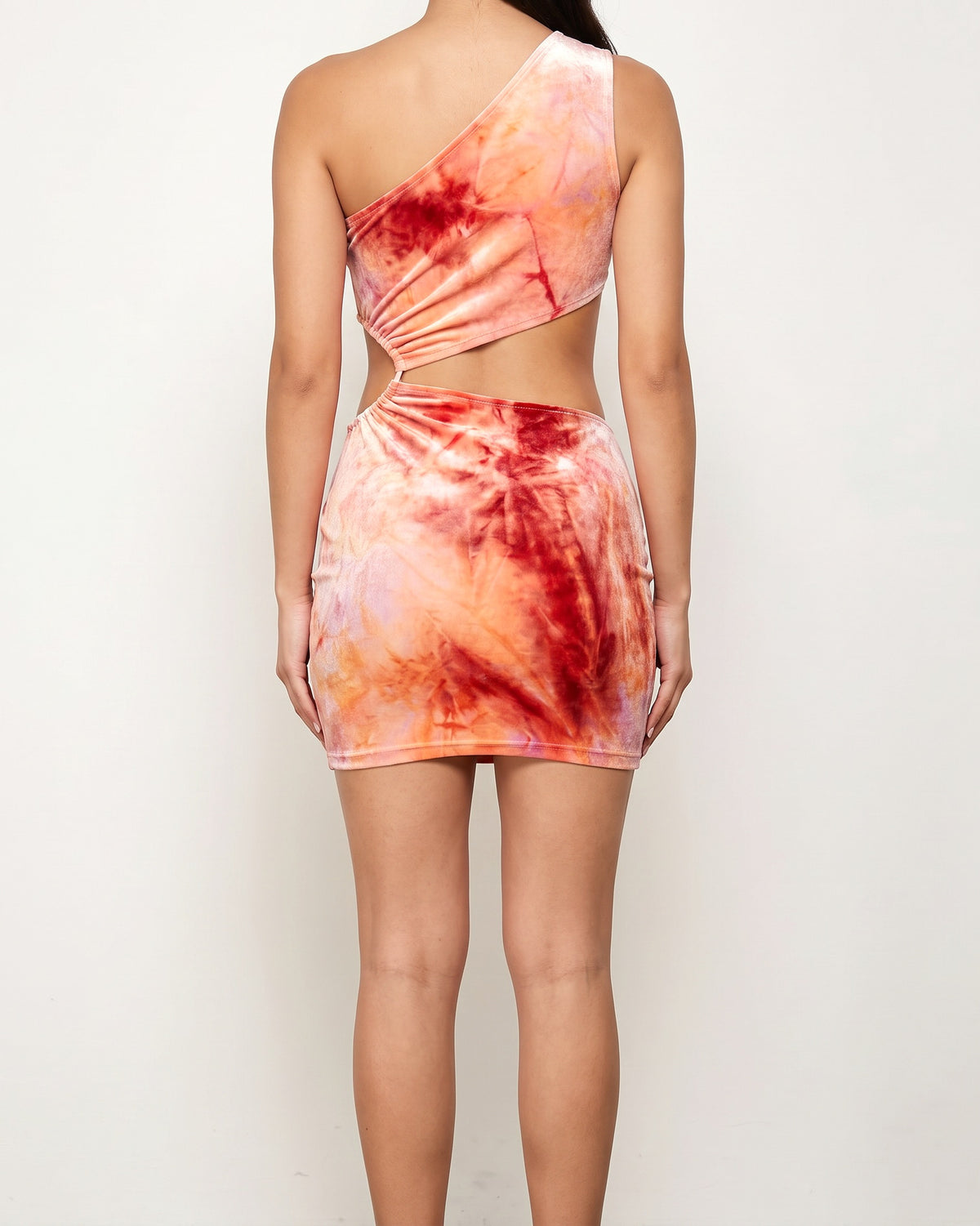 Orange combo tie dye velvet cutout dress, back view on model