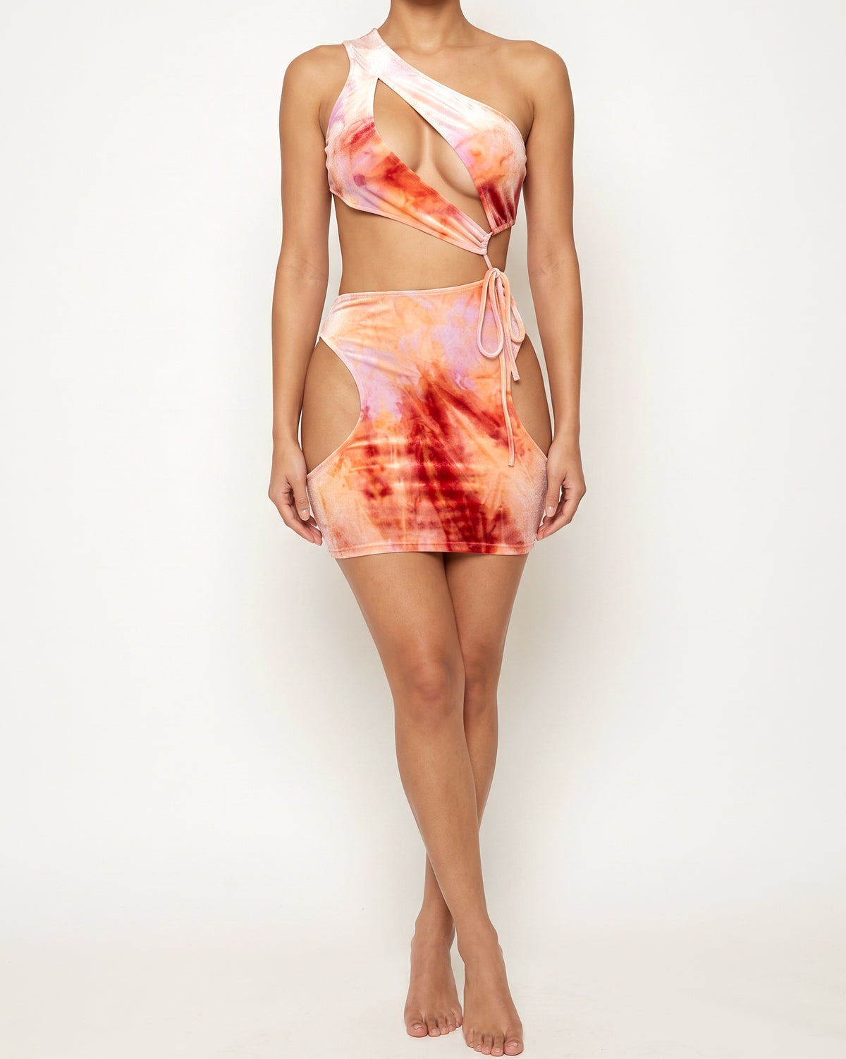 Muvin women's orange combo tie dye velvet cutout dress, front view on model