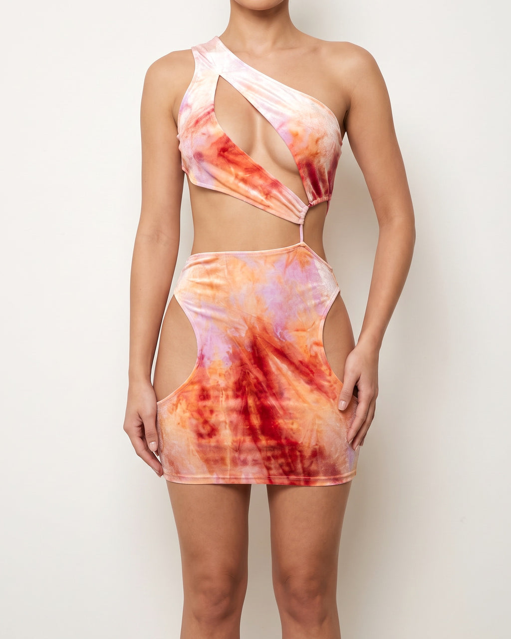 Orange combo tie dye velvet cutout dress, alternate front view on model