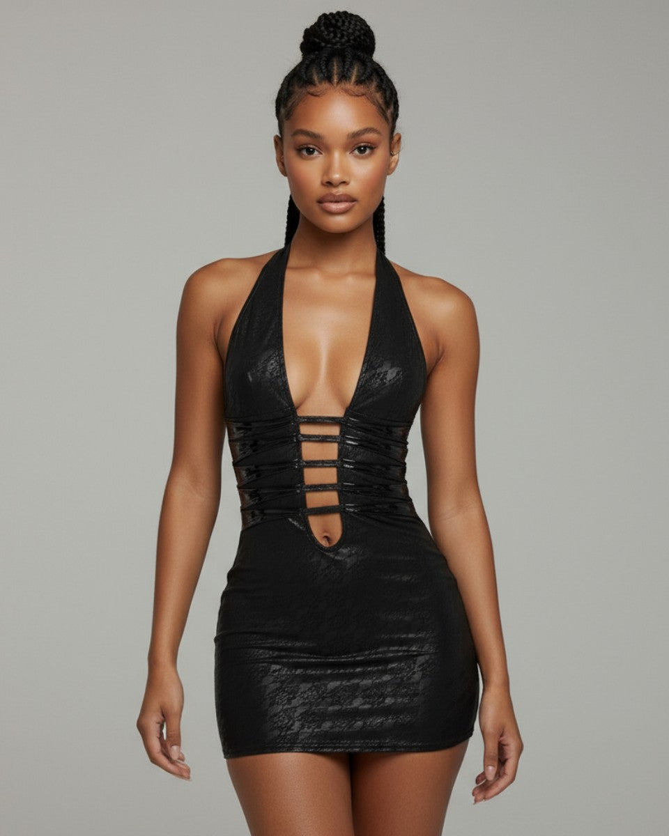 Lace Print PU Halter Mini Dress in Black – Side view