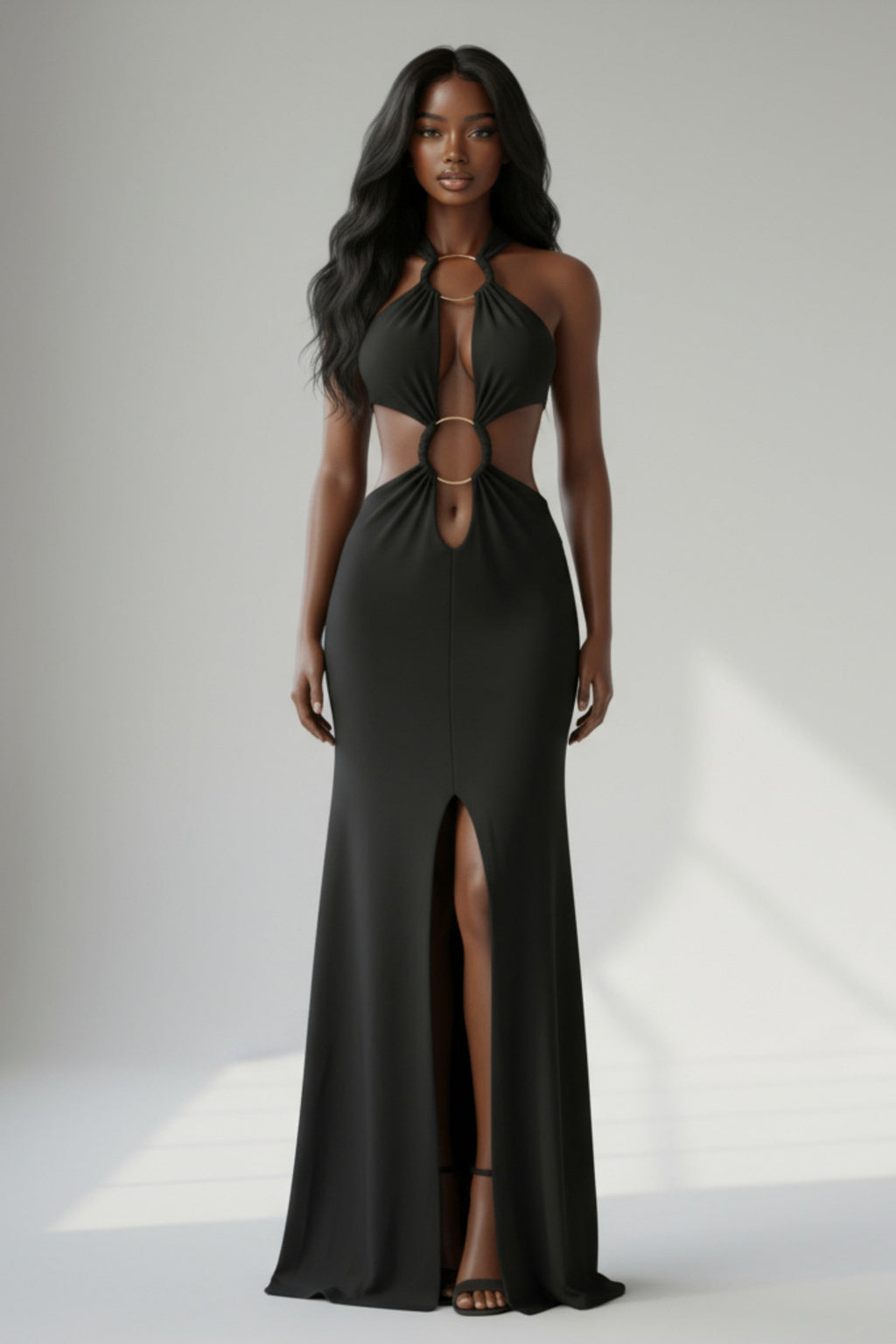 Cutout Open Back Halter Maxi Dress in Black – Detail view