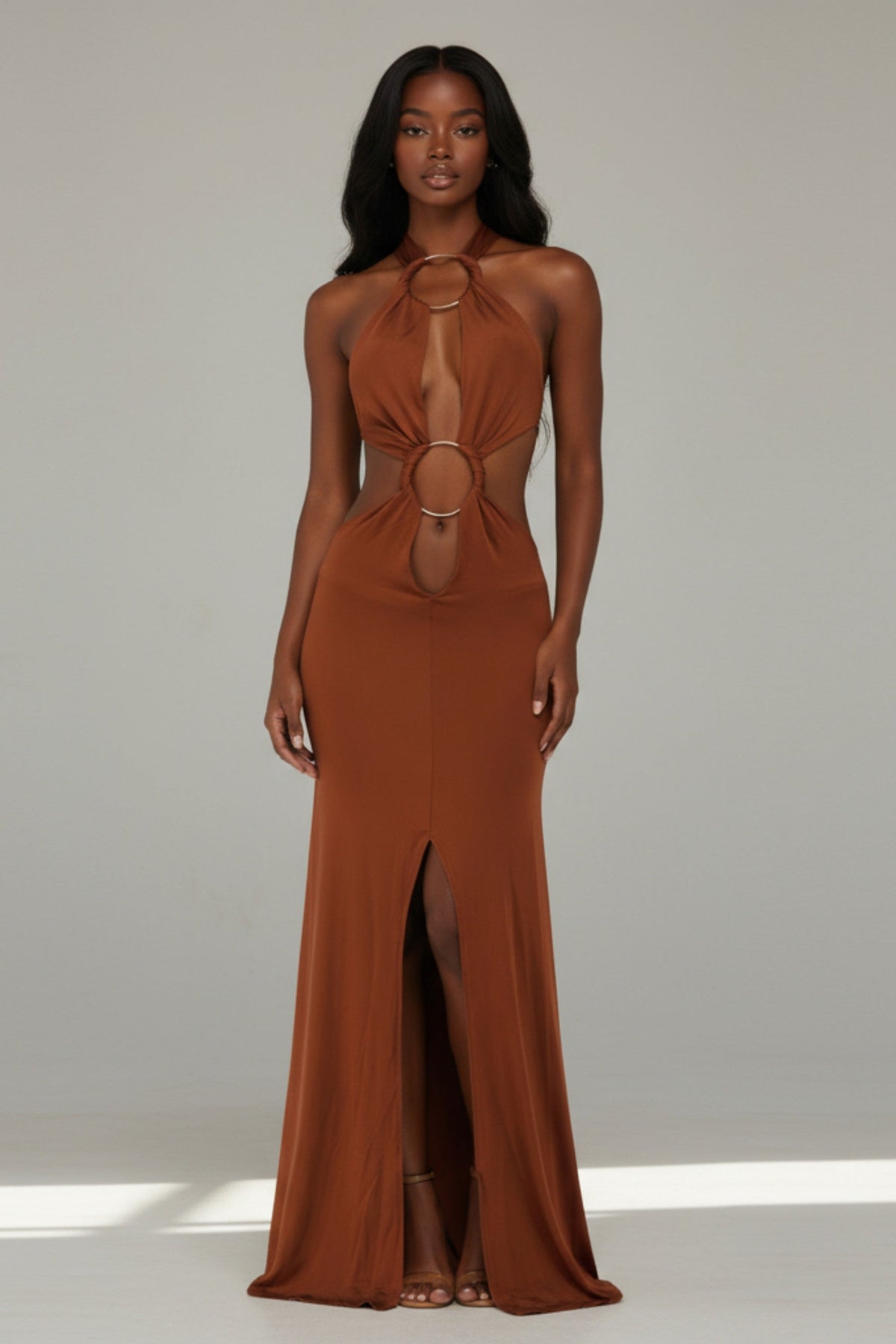 Brown cutout open back halter maxi dress, back view on model