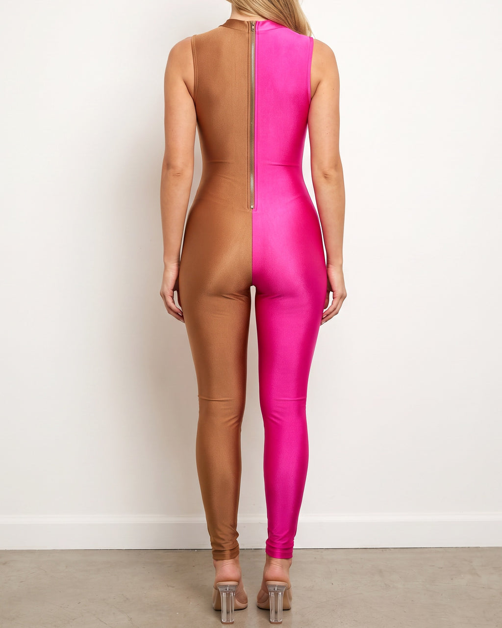 Mocha and fuchsia zip up long sleeve catsuit, back view on model
