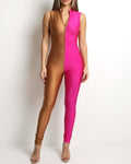 Muvin women's mocha and fuchsia zip up long sleeve catsuit, front view on model