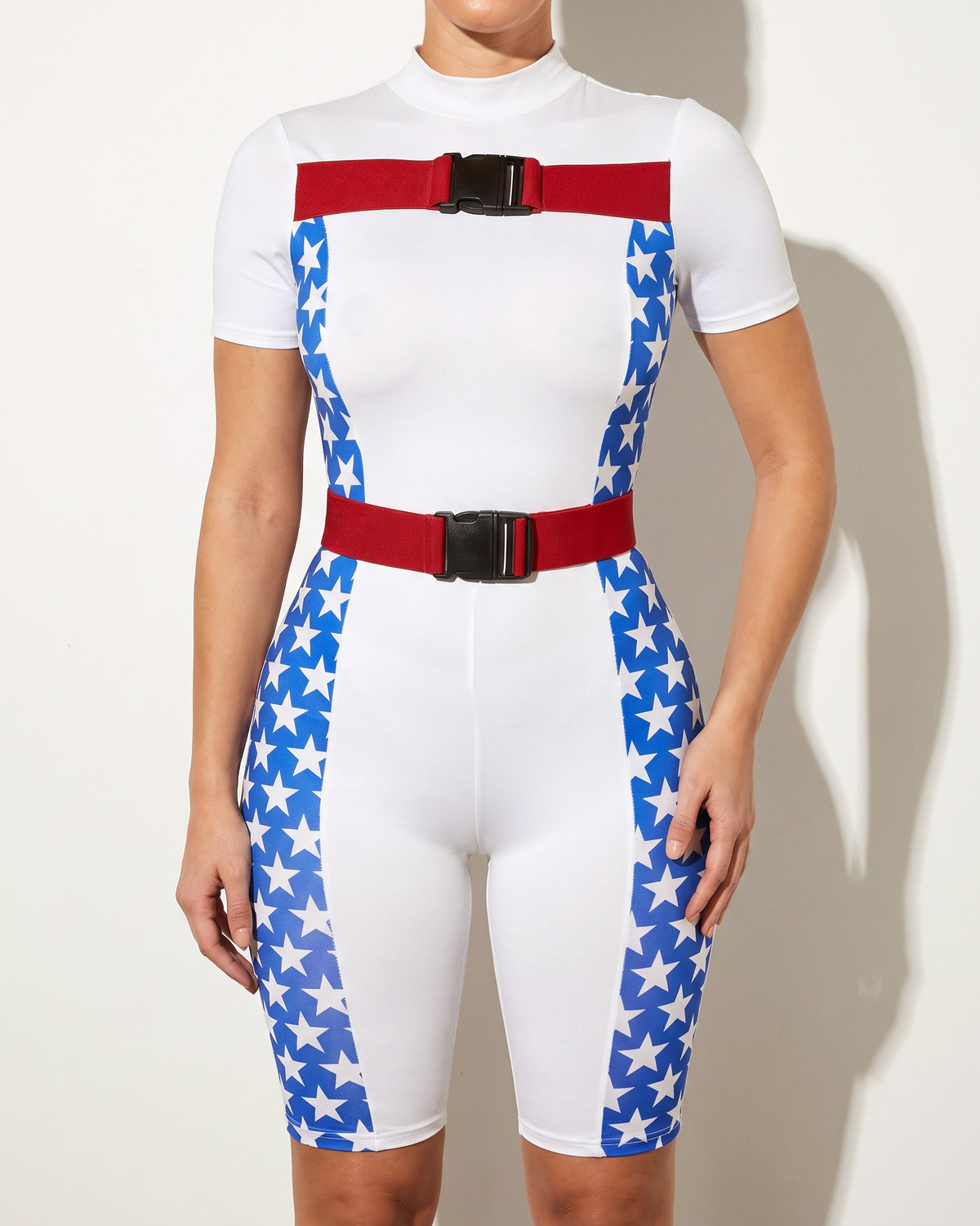 White star buckle strap jumpsuit, alternate front view on model