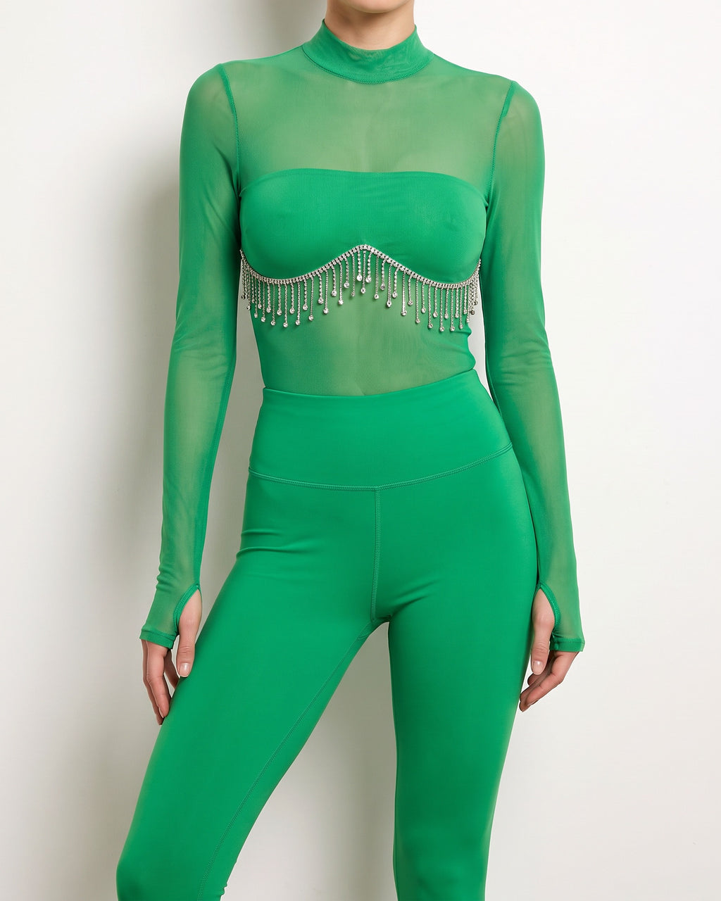 Kelly green rhinestone underboob trimmed bodysuit, front view on model