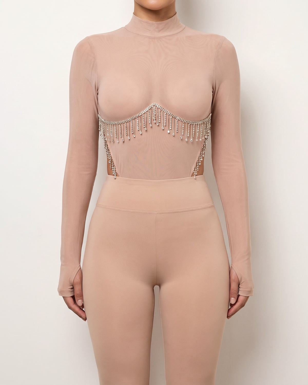 Nude rhinestone underboob trimmed bodysuit, back view on model