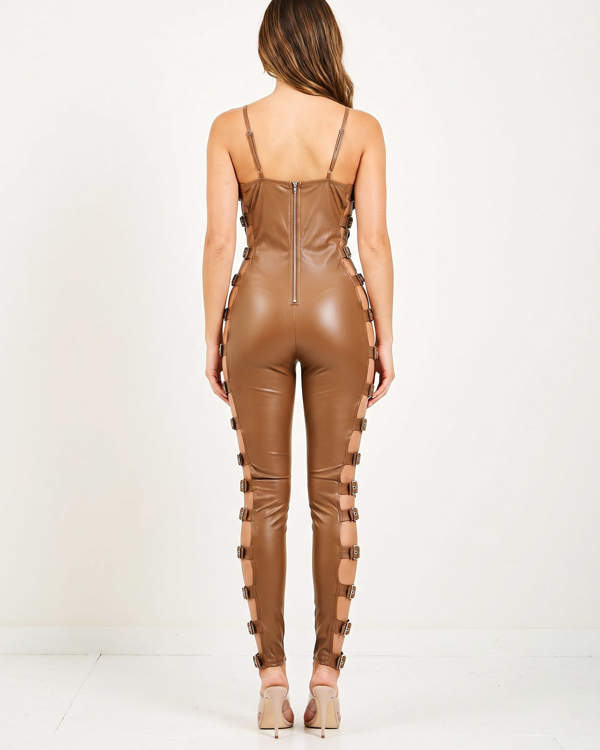 Brown buckle trimmed matte PU jumpsuit, back view on model