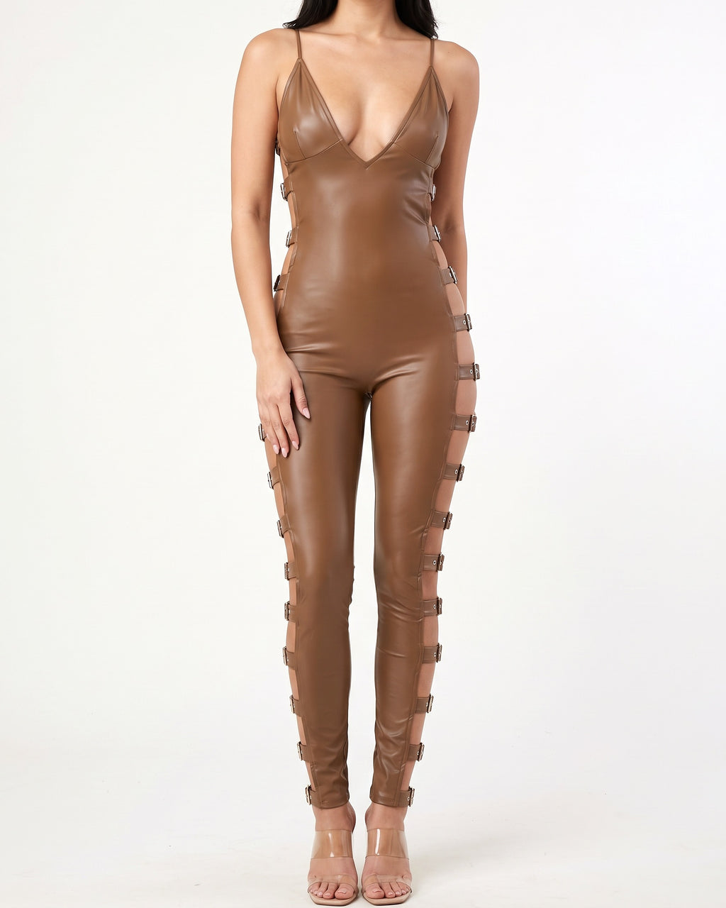 Brown buckle trimmed matte PU jumpsuit, alternate front view on model