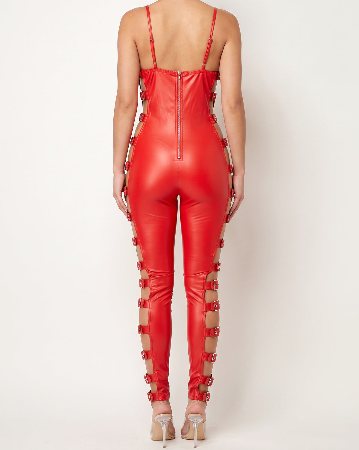 Red buckle trimmed matte PU jumpsuit, back view on model