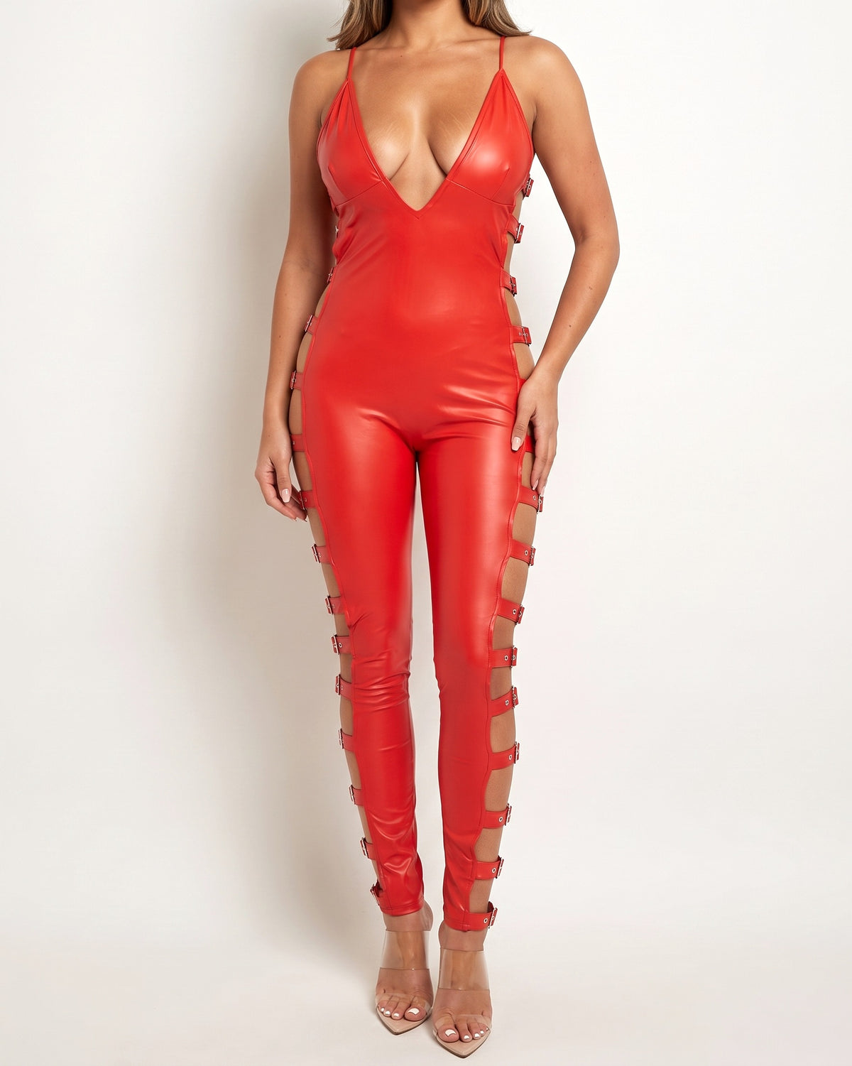 Red buckle trimmed matte PU jumpsuit, alternate front view on model