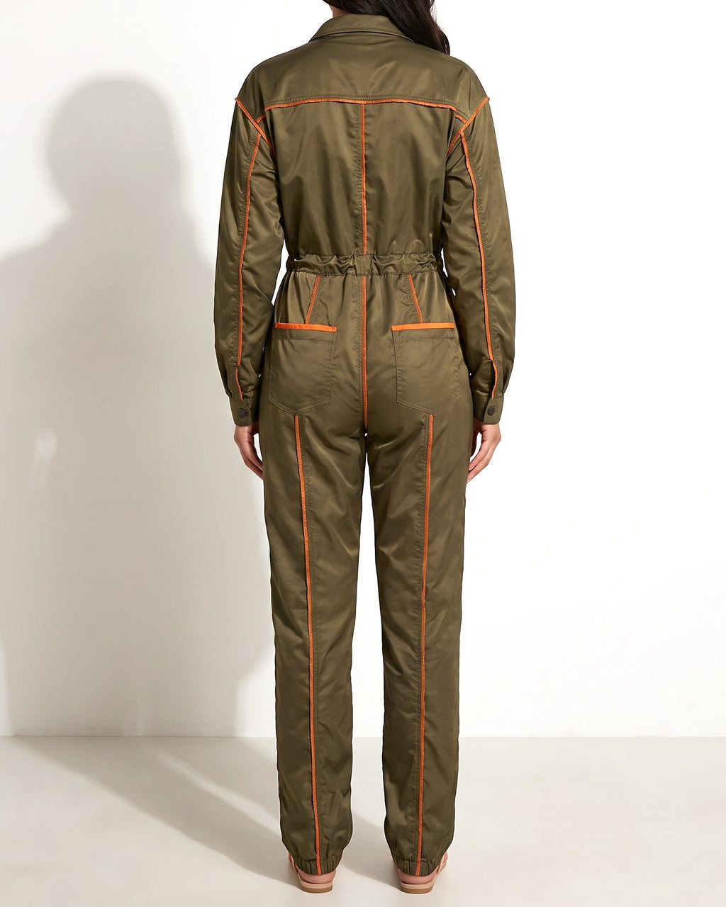 Olive combo color detailed utility jumpsuit, back view on model