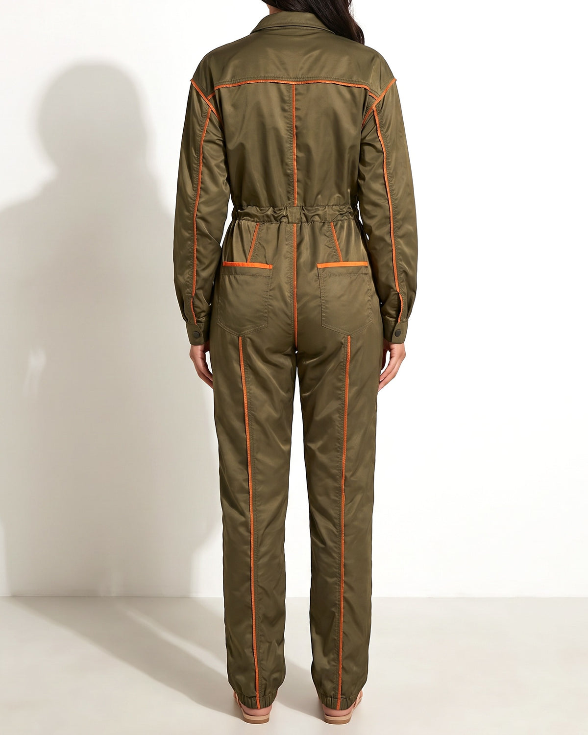 Olive combo color detailed utility jumpsuit, back view on model