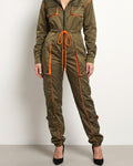 Muvin women's olive combo color detailed utility jumpsuit, front view on model