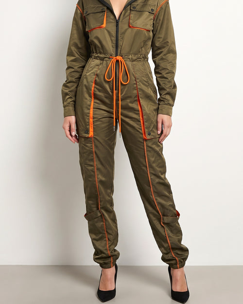 Muvin women's olive combo color detailed utility jumpsuit, front view on model